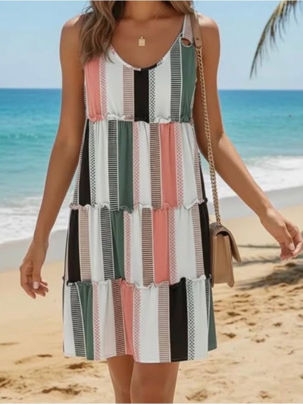 Women’s Sleeveless Tiered Striped Beach Dress - White, Coral, Green, Black